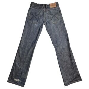 AKOO Straight Jeans Mens 32x32 Dark Wash Blue Denim Distressed Zip Pocket Casual
